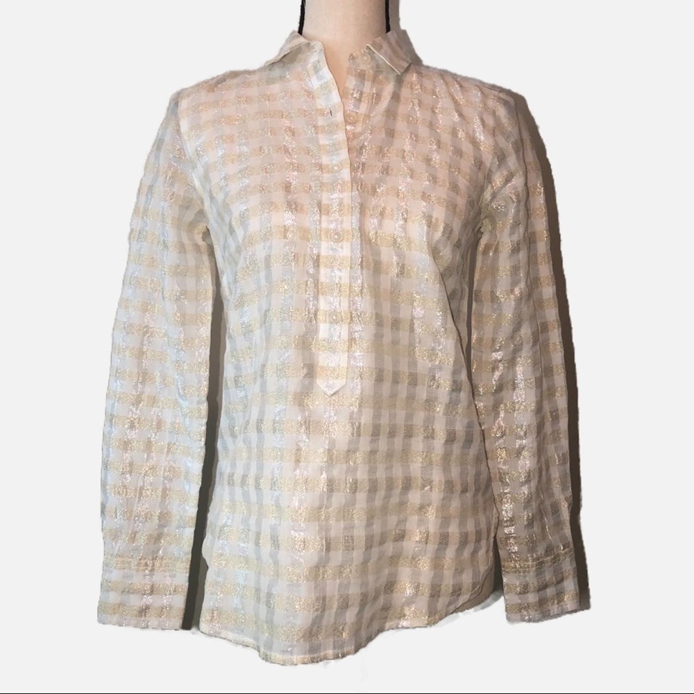 Metallic JCREW White Gold Silver Checked Popover Top Blouse Size 00 Coastal